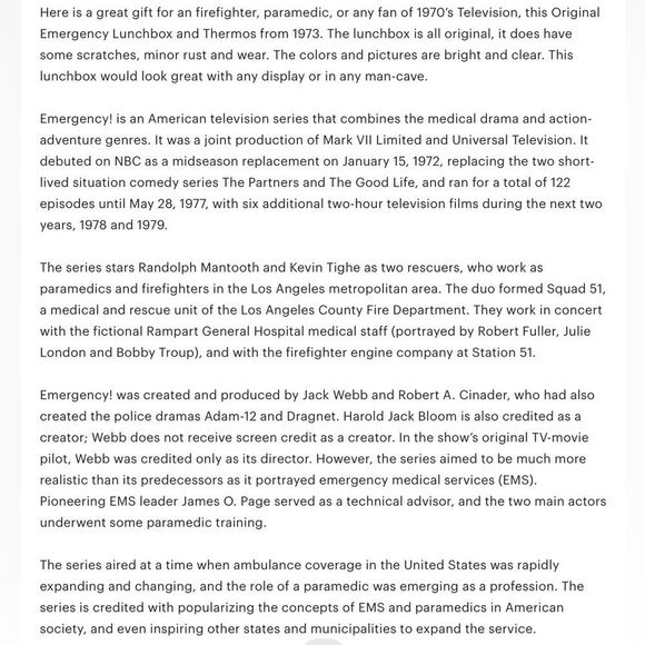 Vintage RARE Original Emergency Lunchbox Thermos 1973 by Universal Television - Picture 3 of 15